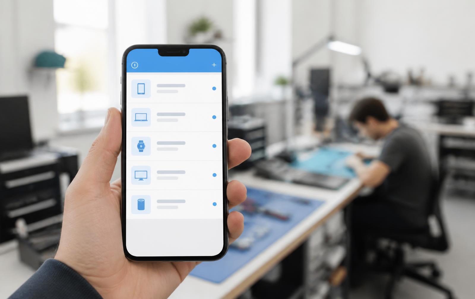 Hand hält ein Smartphone mit einer blau-weißen App-Übersicht der eigenen Geräte