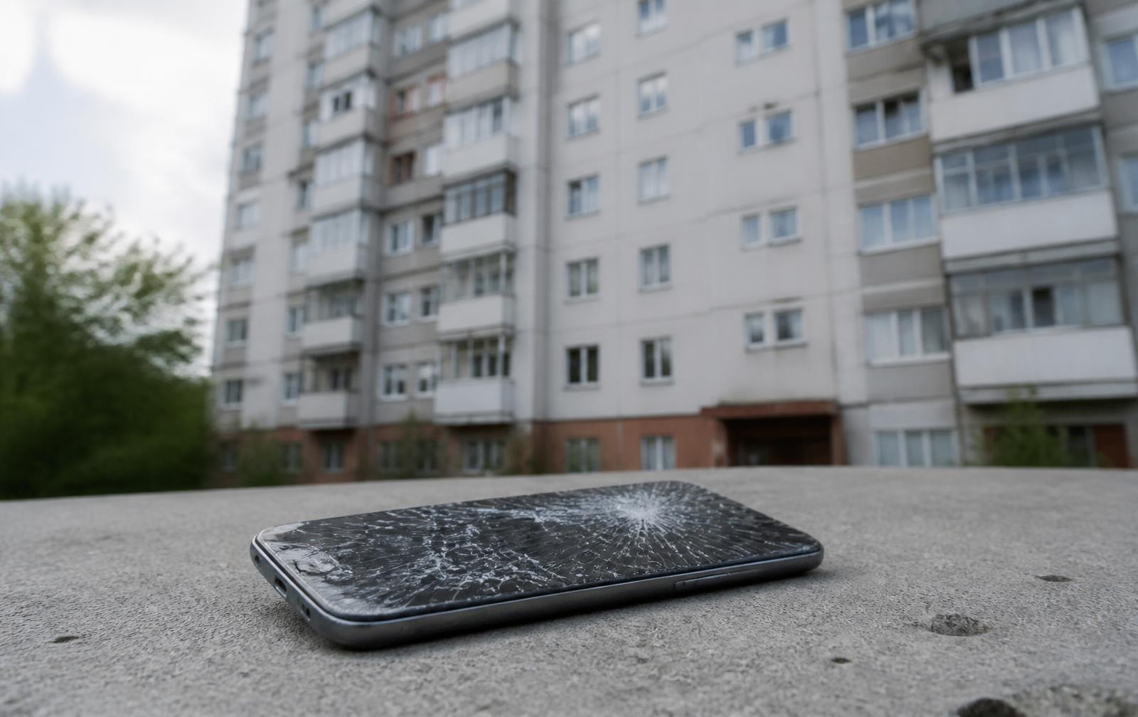Stark beschädigtes Smartphone mit zersprungenem Display auf dem Gehweg vor einem Hochhaus
