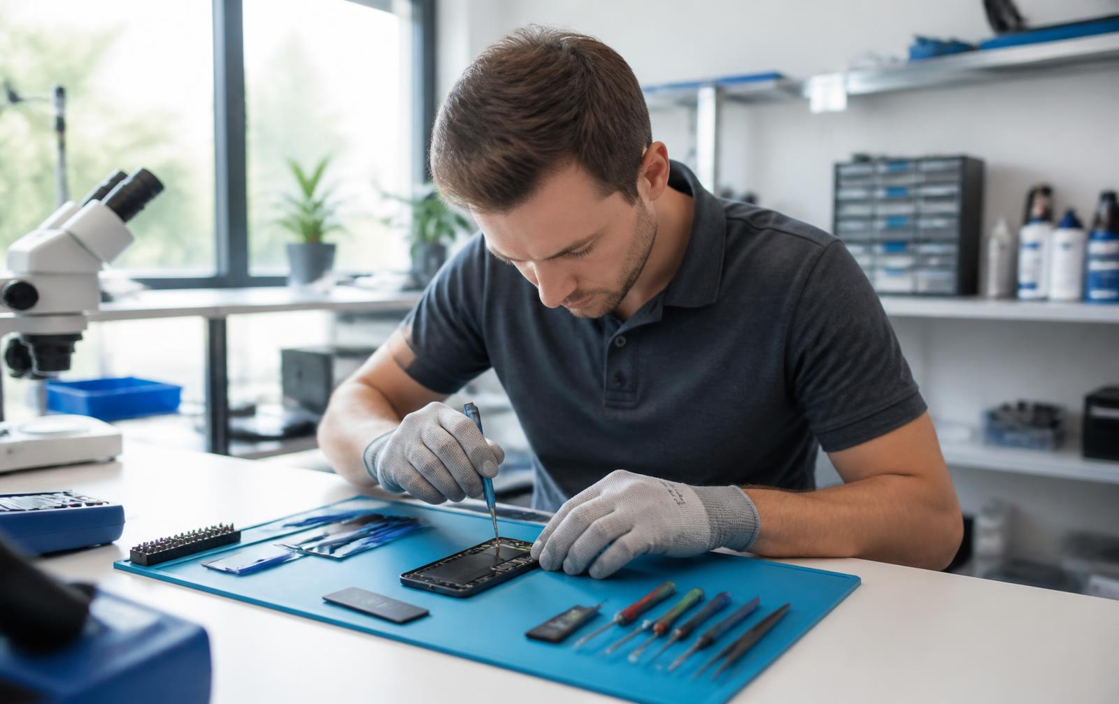 Techniker repariert ein Smartphone an einer aufgeräumten Werkbank in einer Fachwerkstatt